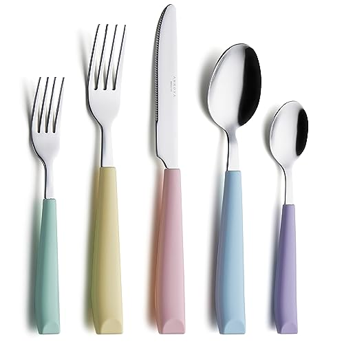 ANNOVA Silverware Set Stainless Steel Colorful Handle Tableware Kitchen Flatware Set Utensils, Includes Dinner Knives, Forks, Spoons, Salad Forks & Dessert Spoons (Pastel Mix, 20 Pieces) Large Mixed Pastel 20Pieces