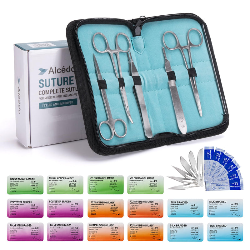 [Australia - AusPower] - Alcedo Sterile Sutures Thread & Needle with Tools Kit, First Aid Field Emergency Supplies, 16 Mixed 0, 2/0, 3/0, 4/0 with 12 Instruments, Complete Kit (28 Pieces) 