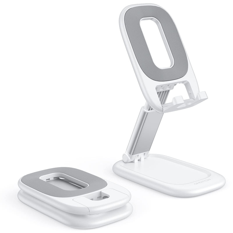 [Australia - AusPower] - OMOTON Foldable Cell Phone Stand, Fully Portable Phone Stand for Deak Cell Phones Accessories, Height Adjustable Mobile Phone Holder Stand with Charging Hole, Compatible with All Smart Phones, White 