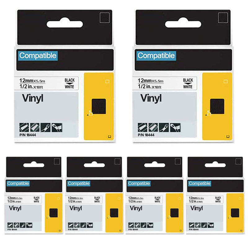 FlyLong Compatible Rhino 4200 5000 5200 6000 3000 Label Tape Replacement for DYMO Rhino 18444 Permanent Vinyl Label Tape 1/2 inch (12mm) x 18 ft, Black on White for DYMO Industrial Label Maker, 6-Pack 12mm