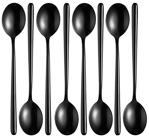 Ouliget Steel Black Soup Spoon, Long handled Great Circle Spoons,Korean Long Handle Soup Spoon,8 Pieces,8.7x1.6 Inches.