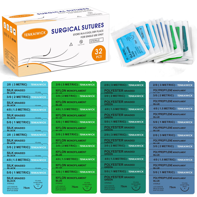 [Australia - AusPower] - 32 Packs Sutures Thread with Needle,Mixed Sutures, Training Threads (Non-Absorbable: Nylon, Polyester, Polypropylene,Silk,4 Material) for Practicing Suturing can be Used for Suture Pads, Fruit peels 32P 