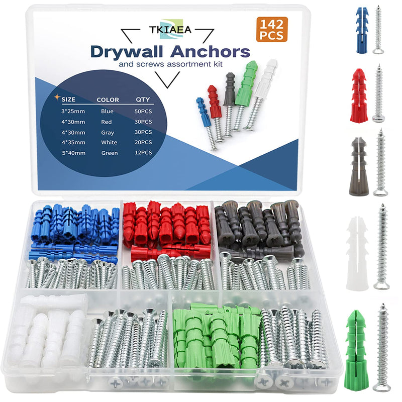 [Australia - AusPower] - Drywall Anchors and Screws Kit 142Pcs, Wall Anchors, Drywall Screws, Including 5 Different Sizes Screws and Anchors, Wall Anchors and Screws for Drywall 142 