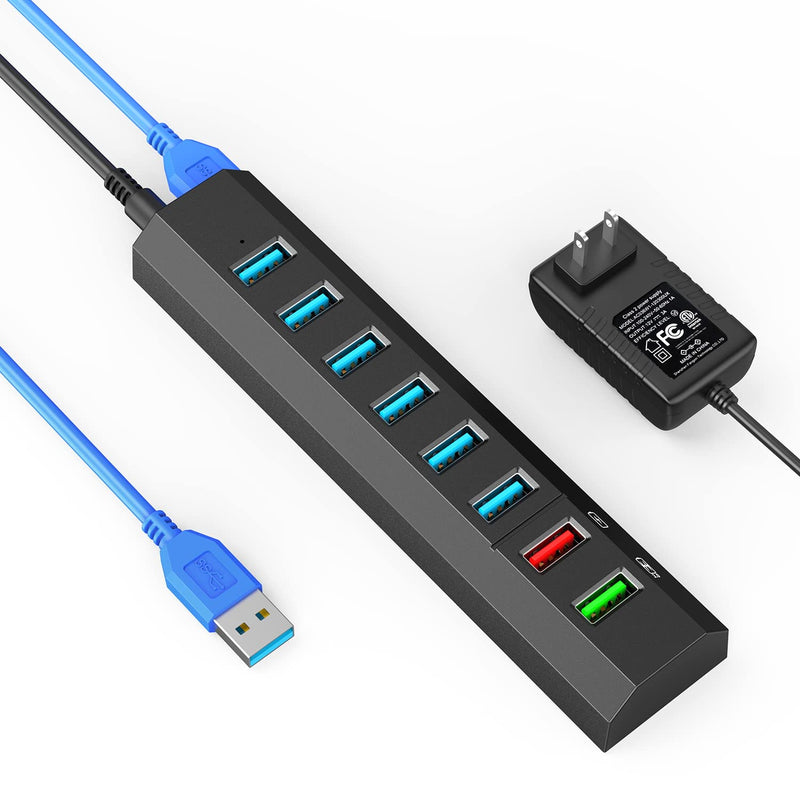 [Australia - AusPower] - Powered USB Hub, Aiibe 8-Port USB Hub 3.0 Powered USB Splitter with 2 Fast Charging Ports + 12V/3A Power Adapter + USB 3.0 Cable, USB Hub Powered 36W Adapter for Laptop, Mac, PC, Mobile HDD (Black) Black 