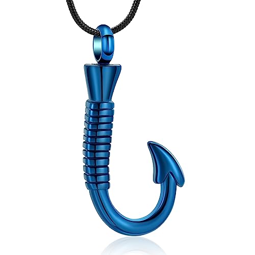 Urn Necklace For Ashes,Fishing Hook Urn Necklace for Ashes Fish Hook Stainless Steel Cremation Jewelry Memorial Pendant Keepsake for Men Blue