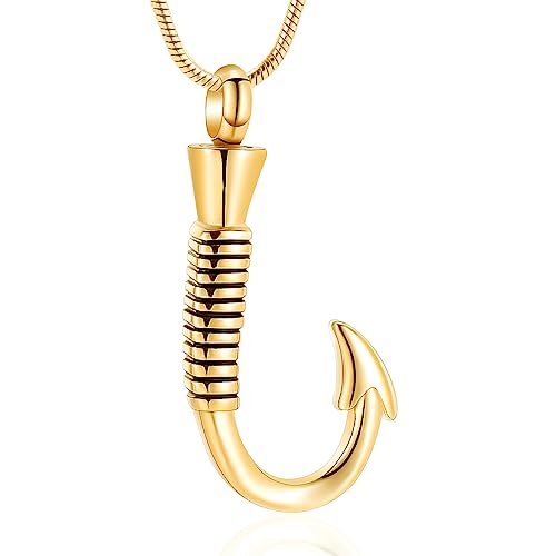 Urn Necklace For Ashes,Fishing Hook Urn Necklace for Ashes Fish Hook Stainless Steel Cremation Jewelry Memorial Pendant Keepsake for Men Gold