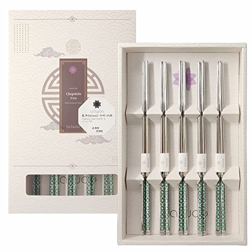 Chopsticks [Made in Korea][5 Sets] 430 Premium Stainless Steel Chopsticks, Mukbang Kitchen Utensil, Cutlery Silverware Stainless Tableware (Goryeo Celadon Blue) Goryeo Celadon Blue
