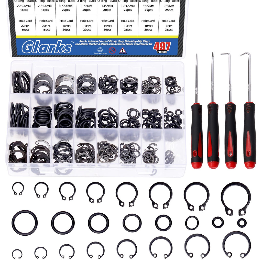 Glarks 499Pcs 8 Sizes Alloy Steel External Retaining Clip Rings Internal Circlips Snap Retaining Rings and Rubber O-Rings with Precision Hook and Pick Assortment Kit, Metric Size