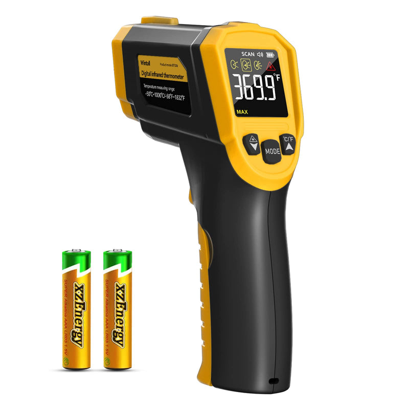[Australia - AusPower] - Infrared Thermometer -58°F ~1832°F(-50°C ~ 1000°C), Temperature Gun for Cooking, Laser IR Surface Tool for Pizza Oven, Meat, Engine, Accessories, with 3 Adjustable Emissivity Max Min Avg Measure Yellow+Black 