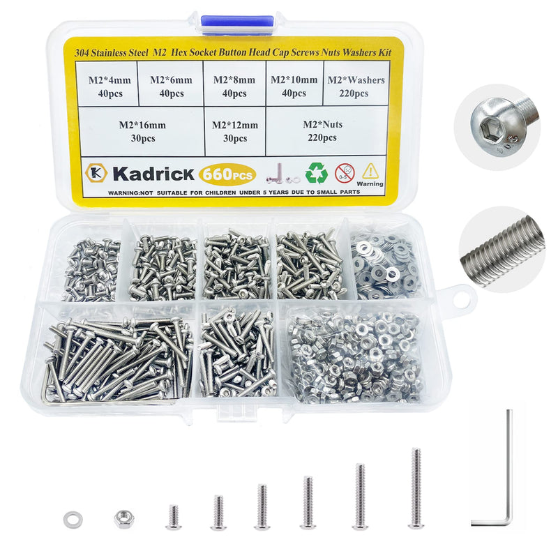 [Australia - AusPower] - 660 Pcs M2 Screw Assortment,Button Head Socket Cap Screws Kit,M2x4mm,6mm,8mm,10mm,12mm,16mm 304 Stainless Steel Metric Bolts Nuts Washers Kit with 1 Hex Allen Wrench 660Pcs M2 4mm-16mm 