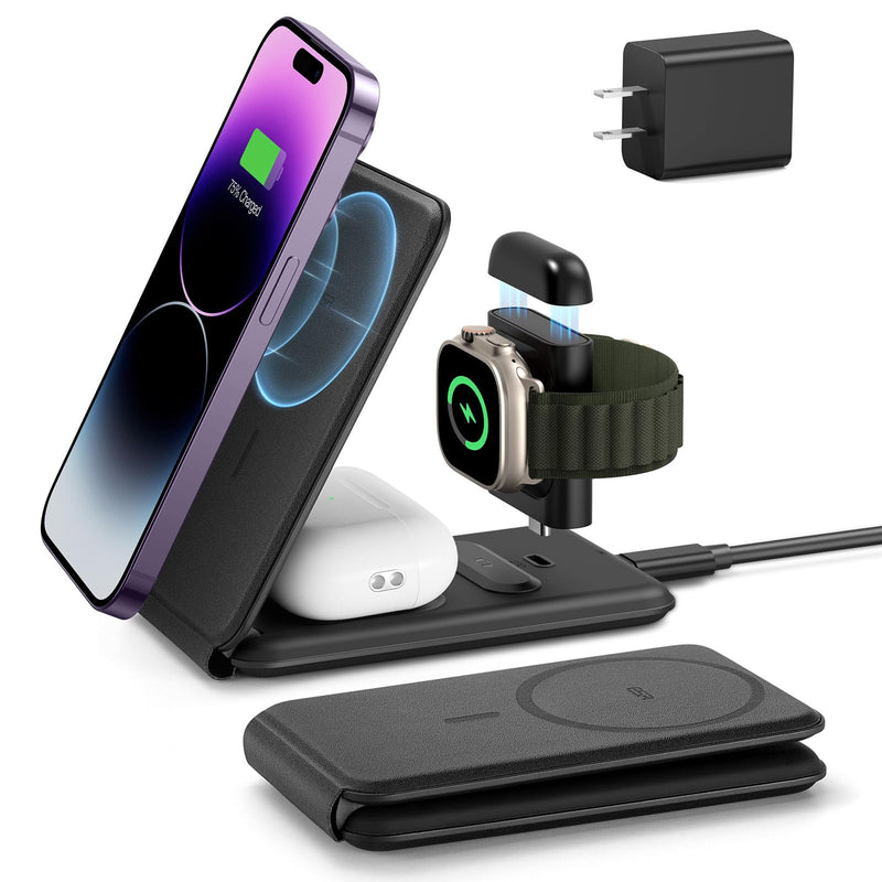 [Australia - AusPower] - ESR Magsafe 3 in 1 Charger (HaloLock), Travel Magsafe Charger Stand, Made for Apple Watch Certified, Foldable Magsafe Charging Station for iPhone 14/13/12, AirPods Pro/3/2, Adjustable 2-Way, Black 