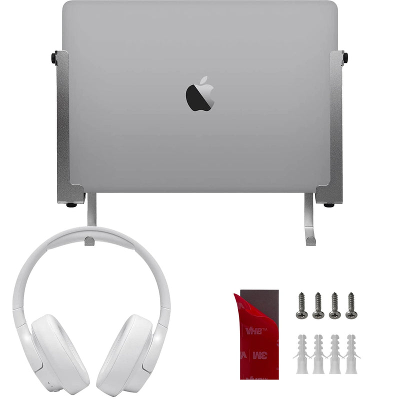 [Australia - AusPower] - IFCASE Aluminum Wall Laptop Mount Holder for MacBook Air, Pro, Surface, iPad, Tablets, Cell Phones with Headphone Hook, Anti-Scratch Pads, Adhesive & Screws (Silver) Silver 