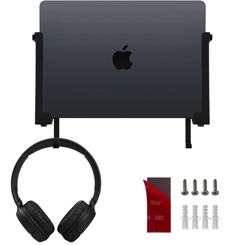 [Australia - AusPower] - IFCASE Aluminum Wall Laptop Mount Holder for MacBook Air, Pro, Surface, iPad, Tablets, Cell Phones with Headphone Hook, Anti-Scratch Pads, Adhesive & Screws (Black) Black 