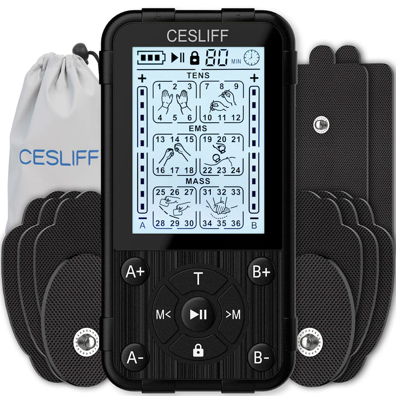 [Australia - AusPower] - CESLIFF Dual Channel TENS EMS Unit 36 Modes Muscle Stimulator, Rechargeable Electric Pulse Massager TENS Machine Function for Lower Back Neck Shoulder Pain Relief with 10 Pads 