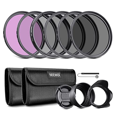 NEEWER 55mm Lens Filter Kit: UV, CPL, FLD, ND2, ND4, ND8, Lens Hood and Lens Cap Compatible with Canon Nikon Sony Panasonic DSLR Cameras with 55mm Lens