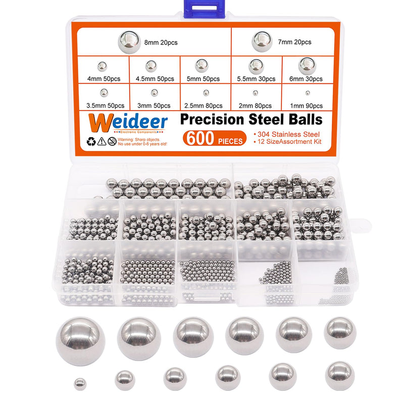 [Australia - AusPower] - weideer 600pcs 12 Size Stainless Steel Precision Steel Balls 1-8mm Metric Bicycle Bearing Balls Assortment Kit Mixing Balls 1mm 2mm 2.5mm 3mm 3.5mm 4mm 4.5mm 5mm 5.5mm 6mm 7mm 8mm K-085-600 