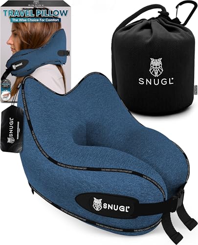 SNUGL Travel Pillow – Memory Foam Pillows - Neck Pillow for Airplane with Carry Bag & Clip – Neck Support Pillows for Pain Relief - Airplane Travel Essentials Adult Regular Blue