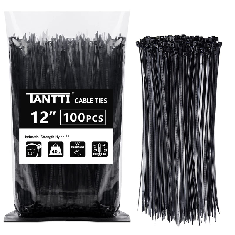 [Australia - AusPower] - Zip Ties 12 inch, Black Zip Ties 100 pack, 40lb, Cable Ties, Self-locking Wire ties for indoor and outdoor use, by Tantti 12" (100 Pack) 