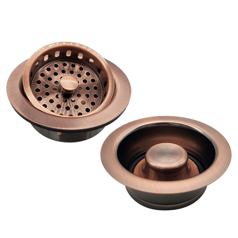 Westbrass A2165-11 4-1/4" OD Post Style Large Kitchen Basket Strainer with Waste Disposal Flange and Stopper Drain Set, Antique Copper