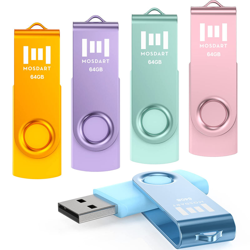 [Australia - AusPower] - MOSDART 64GB USB Flash Drive 5 Pack, 64 GB Multicolor Multipack USB2.0 Thumb Drives, Swivel Design with LED Light, exFAT Jump Drive Memory Stick for Computers, Data Storage 64GB X 5 Multicoloured - New 