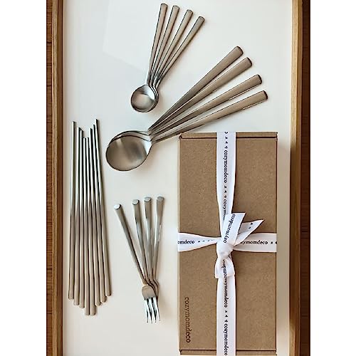 Korean Made Stainless Steel Silver Utensil Flatware Cutlery Korean Chopsticks and Spoon Set Tea Spoon and Tea Fork Set, 4SET Stocking Stuffer Gift for Mom Stocking Stuffer