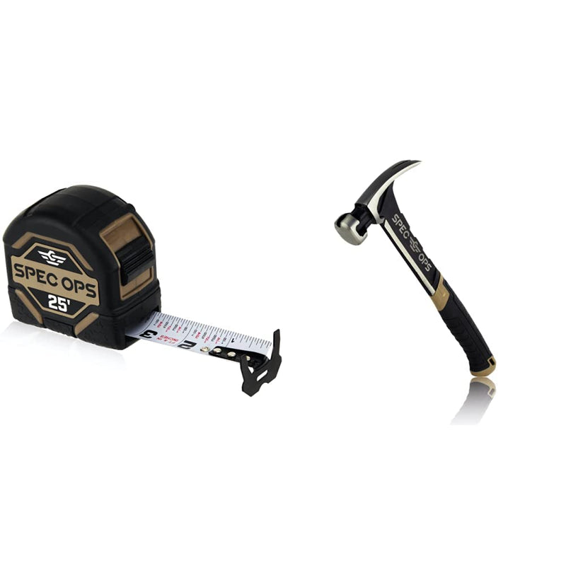 [Australia - AusPower] - Spec Ops Tools 25-Foot Tape Measure, 1 1/4" Double-Sided Blade & Tools Nailing Hammer, 20 oz, Rip Claw, Smooth Face, Shock-Absorbing Grip, 3% Donated to Veterans 