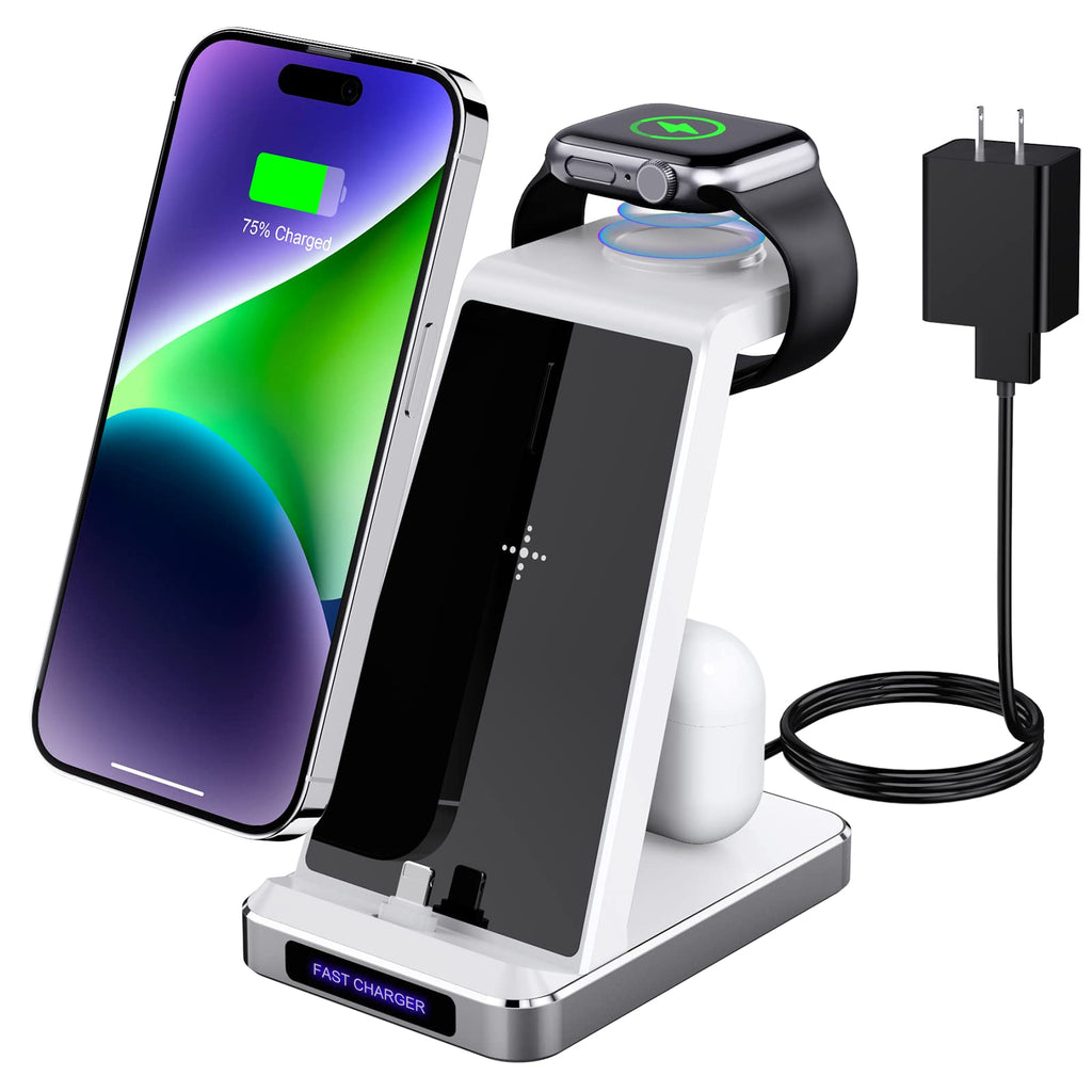 [Australia - AusPower] - Charging Station for Multiple Devices Apple - 3 in 1 Fast Charging Station Dock for iPhone 14 Pro Max/13/12/11/X/8 Plus, Fast Wireless Charger Desk Stand for Apple iWatch 7/6/5/SE/4/3/2 with Adapter charging station - white 