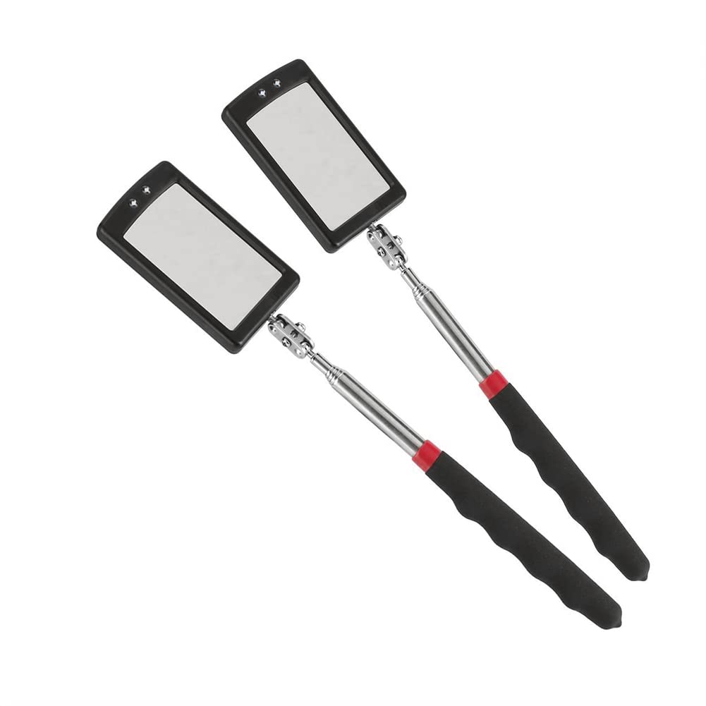 Telescoping Inspection Mirror Mechanics Mirror with 2 LED Lighted, Mirror on a Stick Handle Tool for Checking Observing Vehicle Small Parts,Present for Christmas, Birthday Everyday Carry (2 PCS) 2 PCS