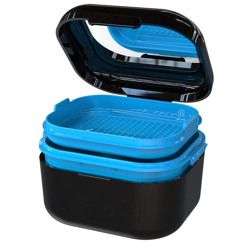 BVN Braces Box & Teeth Cleaner Set - Storage Box for Dental Splint, Prosthesis & Bit, Includes Cleaning Tablets, Denture Container, Travel-Friendly, Black Black Blue