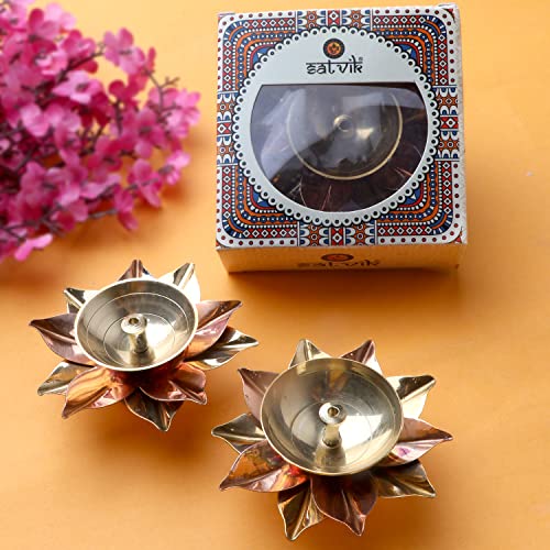 SATVIK 2 Pc Set Brass Copper Lotus Flower Petals Kamal Shape Metal Akand Diya Traditional Indian Festive Diwali Deepawali Puja Pooja Dia Home Temple Decoration Oil Lamp Housewarming Return Gift Items Brass Copper Lotus Diya