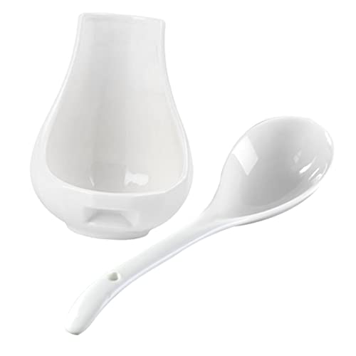 COLLBATH Ceramic Soup Spoon Rest Set Large Rice Spoon and Porridge with Utensil Holder 8.85 in Porcelain Ladle for Serving Soups Snacks Desserts Kitchen Dining Restaurants