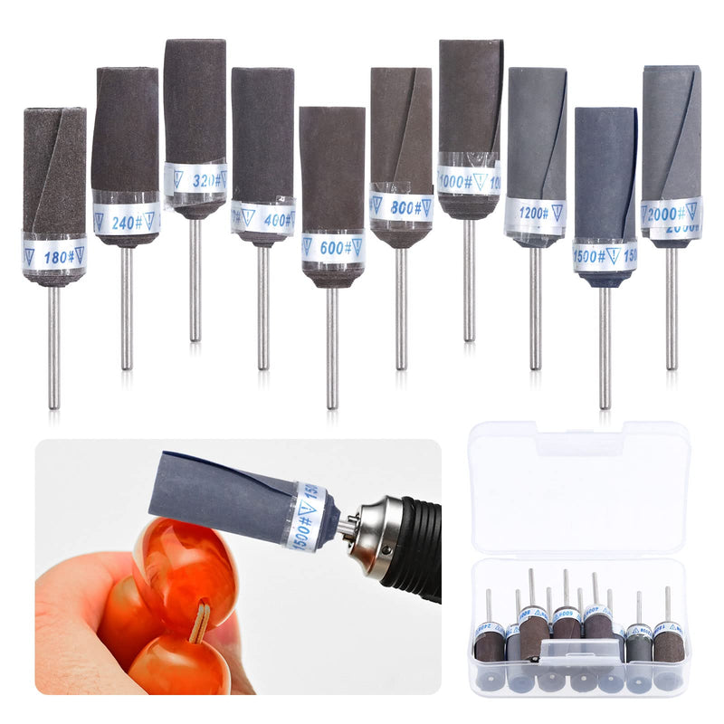 [Australia - AusPower] - Glarks 10Pcs Sanding Drums Sleeves Polishing Rolls, Abrasive Grinding Head Sandpaper Bar Sticks, 180/240/320/400/600/800/1000/1200/1500/2000 Grit Cylinder Polishing Grinding Mounted Sanding Points 
