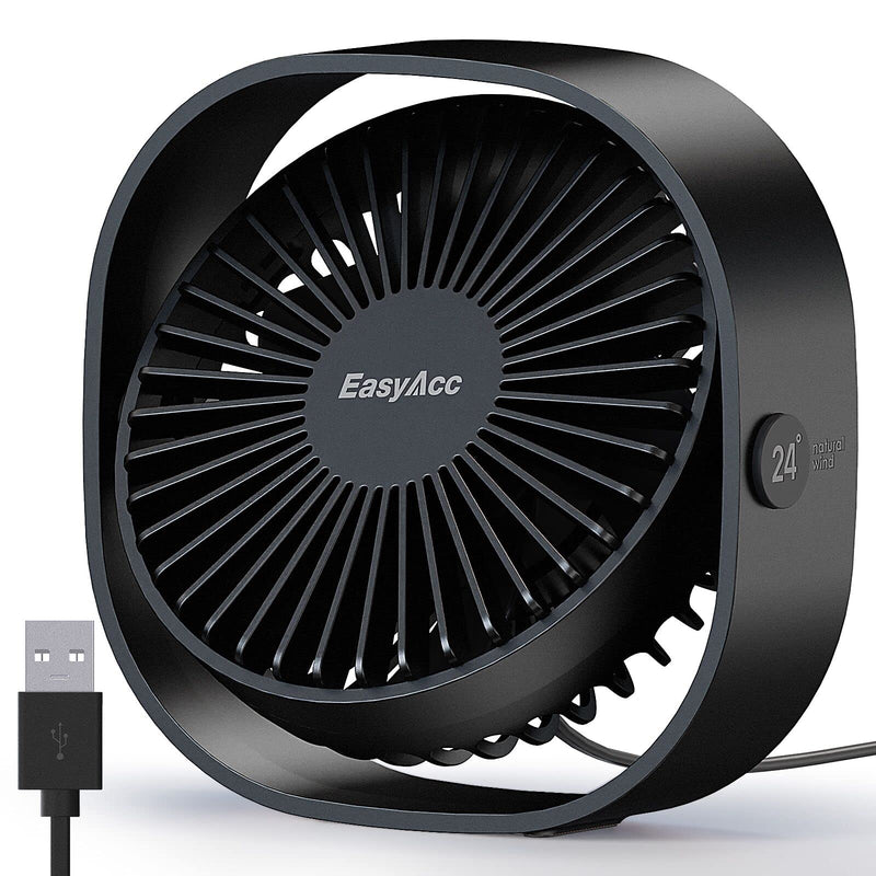 [Australia - AusPower] - EasyAcc USB Desk Fan, 3 Speeds USB Fan [Lower Noise USB Powered ONLY&Powerful Desk Fan] USB Portable Powered Fan, 360°Rotatable Personal Desktop Table Fan Travel Fan for Desk Home Bedroom Office Black 