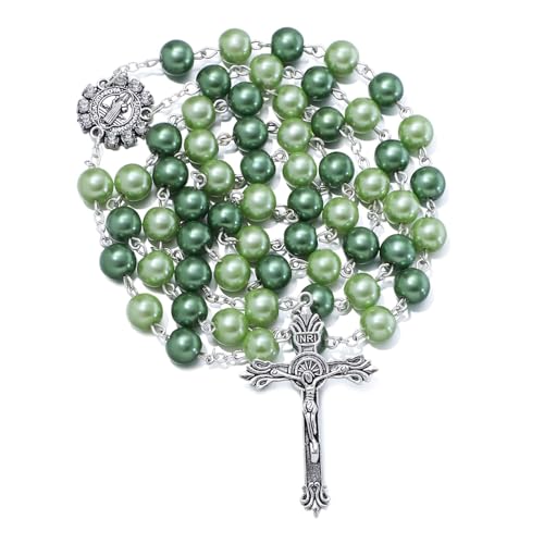 KOMI Catholic Rosary Beads for Women - Glass Pearl Beads Necklace with Saint Benedict Medal & Crucifix - Catolicos Rosary Gifts with Pouch Rosary-3