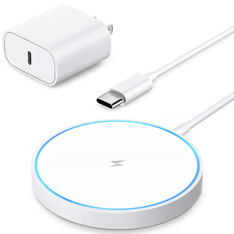 [Australia - AusPower] - Magnetic Wireless Charger Fast Mag Safe Charger Compatible with iPhone 15 Pro Max/15 Pro/15/15 Plus/14/13/12 Series, 2024 Upgraded Nano Mag-Safe LED Charging Pad with 20W Type-C Adapter (White) White 