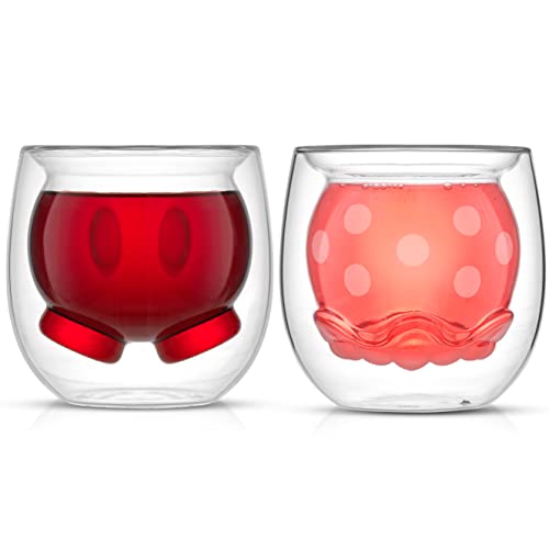 JoyJolt Mickey Pants and Minnie Skirt 3D 7.4oz Double Wall Glass Coffee Cups Set of 2, Disney Coffee Mug, Espresso and Tea Cups, Collection of Double Wall Glasses, Disney Gifts 7.4 Ounces