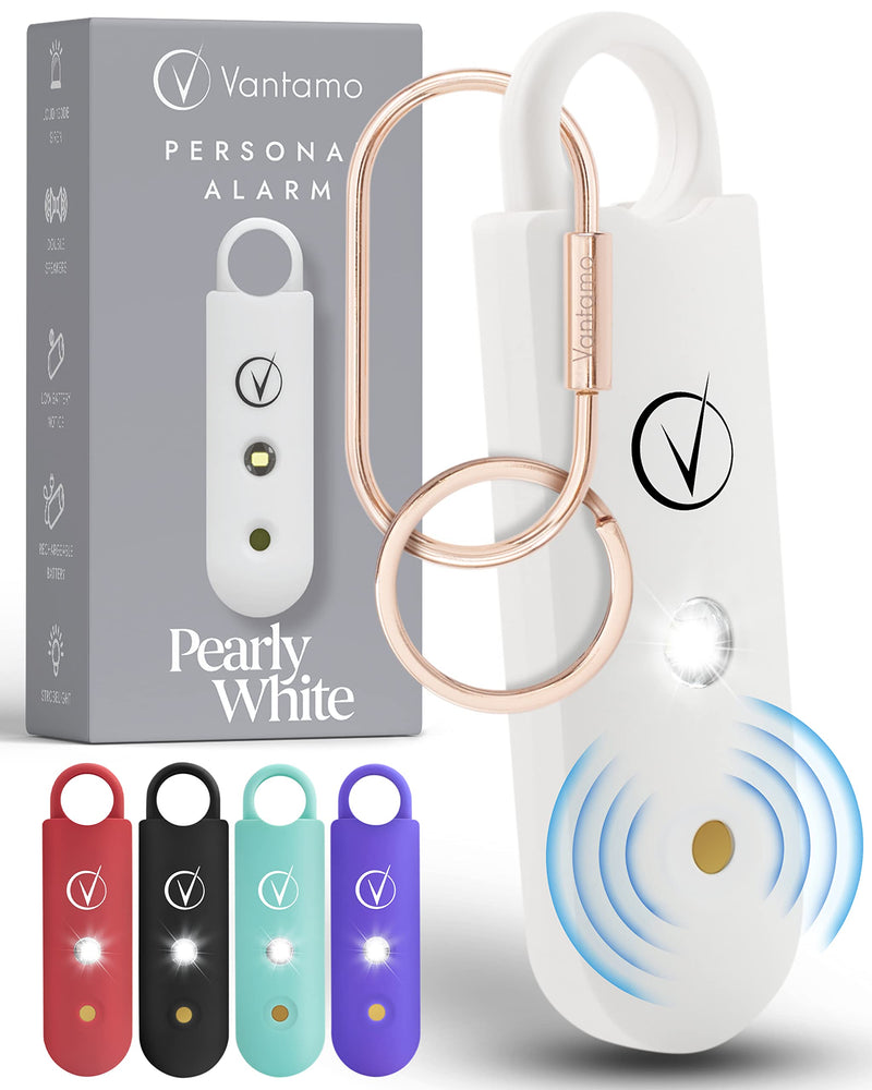 [Australia - AusPower] - Vantamo Personal Alarm for Women - Extra Loud Double Speakers, First with Low Battery Notice with Strobe Light, Rechargeable - Safety Alarm Keychain Pearly White. 