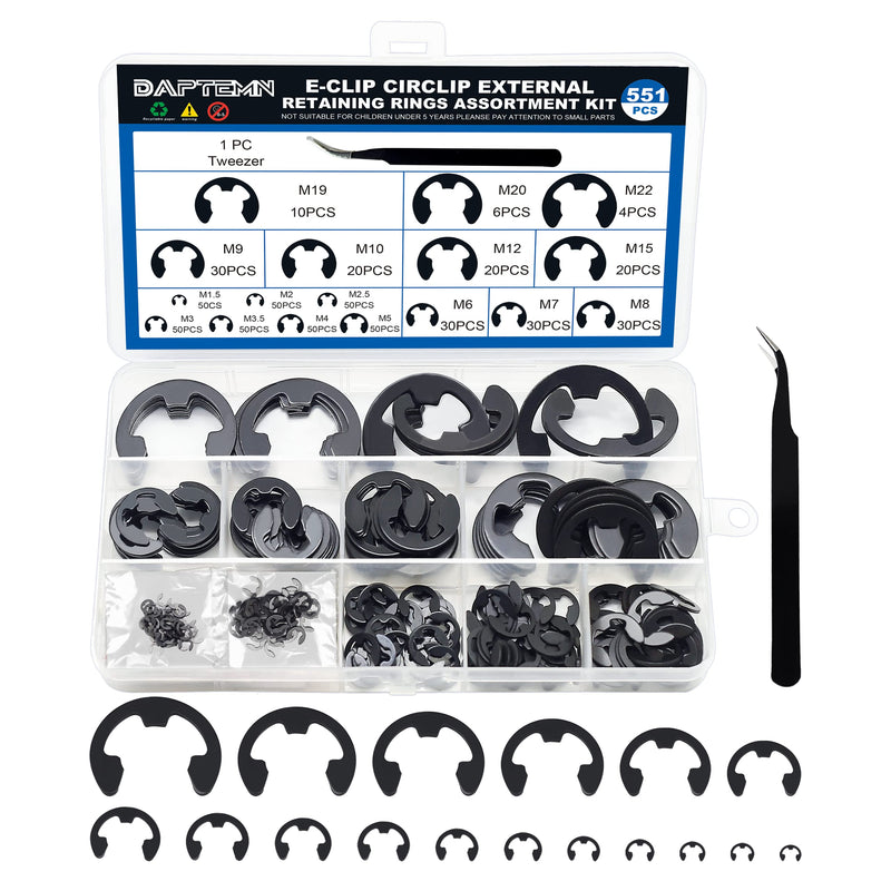 [Australia - AusPower] - E Clip Circlip External Retaining Rings Assortment Kit, 550PCS E Clips External Carbon Steel Rings and 1 PC Tweezers, Includes Sizes of M1.5-M22 551pcs E-clip 