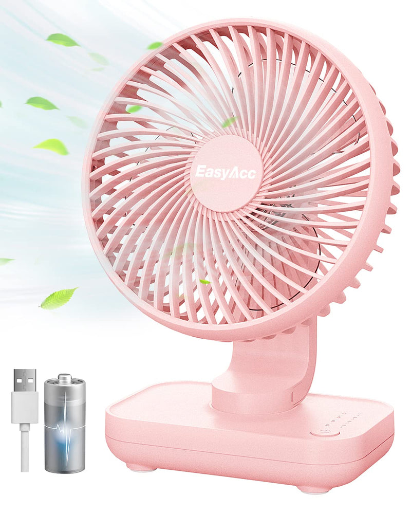 [Australia - AusPower] - EasyAcc Small Desk Fan 4000 Battery Fan, 5-23 Working Time, Upgraded Strong Wind, Ultra Quiet, Rechargeable Desk Fan 90°Tilt Air Circulate Portable Fan 4 Speed USB Fan For Office Bedroom Home Travel 5 inch - Pink 