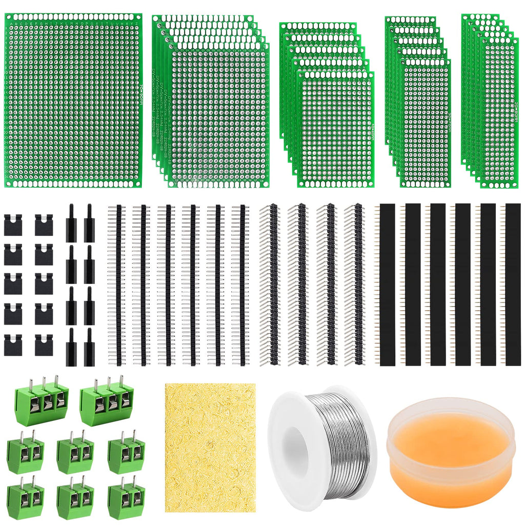 Tnisesm PCB Board Prototype Kits, Circuit Solder Double Side Board with 40 Pin 2.54 mm Male to Female Headers Connector, 2P&3P Screw Terminal Block, Solder Flux, Solder Wire for Electronic Projects