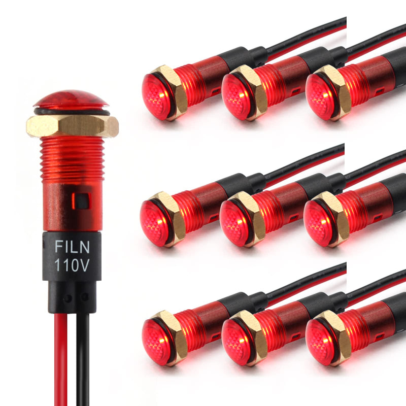 [Australia - AusPower] - 10 Pcs 8MM(5/16'') Indicator Light 110v LED Indicator Light Metal Panel Lights Pilot 110V 220V Red Green Signal lamp with Signal Light (10PCS Red) 