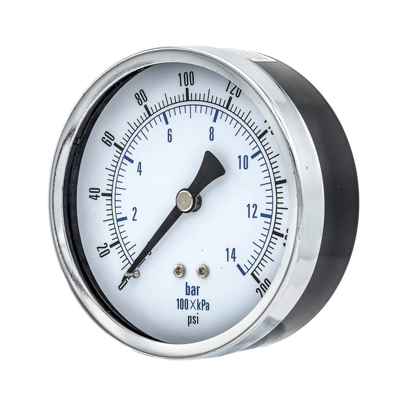 [Australia - AusPower] - Dry Center Back Mount Pressure Gauge with 3.5" Dial, 0-200 PSI, 1/4" Male NPT Connection, Chrome Bezel, Brass Internals and Plastic Lens (1) 