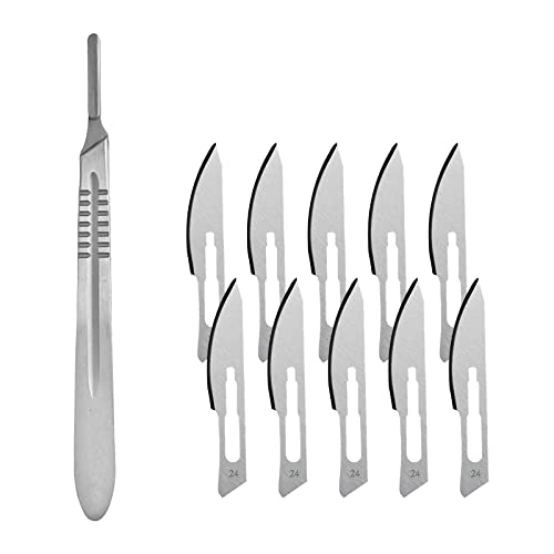 Scalpel Blades, Scalpel Foot Care, Scalpel Blades, Podiatry Instruments Scalpel, Pack of 10 Scalpel Blades Made of Carbon Steel - Replacement Blades Individually Sterile Packed + Scalpel Holder - Stainless Steel No. 24, Silvery
