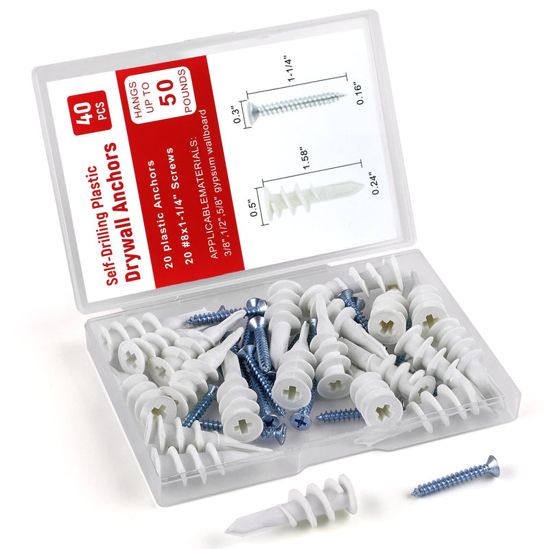 [Australia - AusPower] - #8 Drywall Anchors, 40Pcs Wall Anchors and Screws for Drywall, Plastic Self Drilling Drywall Anchors, 20 Self-Tapping/Threaded Sheetrock Anchors + 20#8 x 1-1/4'' Screws, 50LB Hanging and Mounting 