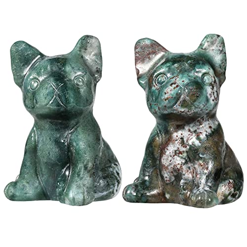 Nupuyai Pack of 2 Mini Rose Quartz Crystal Dog Statue Hand-Carved Pocket Stone Animal Sculpture Figurine Decor for Home Office Desktop, Moss Agate Multi-1
