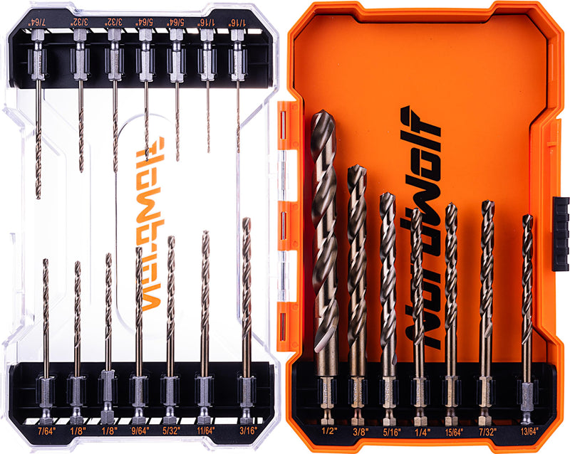 NordWolf 21-Piece M35 Cobalt Drill Bit Set for Stainless Steel, Hard Metals & Cast Iron, Jobber Length with 1/4" Hex Shank, SAE Sizes 1/16" to 1/2" in Storage Case 1/16" to 1/2" (21 Pcs)