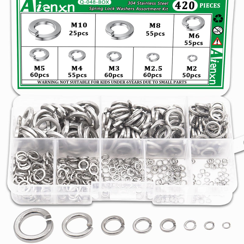 [Australia - AusPower] - 420PCS Metric Sizes 304 Stainless Steel Spring Lock Washers Assortment Kit- M2, M2.5, M3, M4, M5, M6, M8, M10, Prevent Loose Fasteners 420PCS 