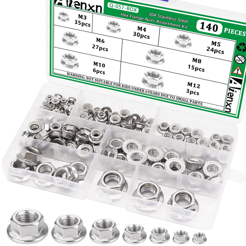 [Australia - AusPower] - 140PCS 7 Metric Sizes 304 Stainless Steel Hex Flange Nuts Assortment Kit -M3, M4, M5, M6, M8, M10, M12 M3-M12 (140PCS) 