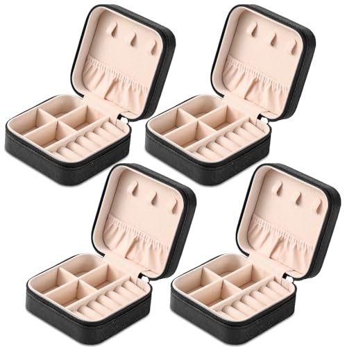 Neveika Portable Travel Mini Jewelry Box Leather Jewellery Ring Organizer Case Storage Gift Box Girls Women (4pcs black). 4