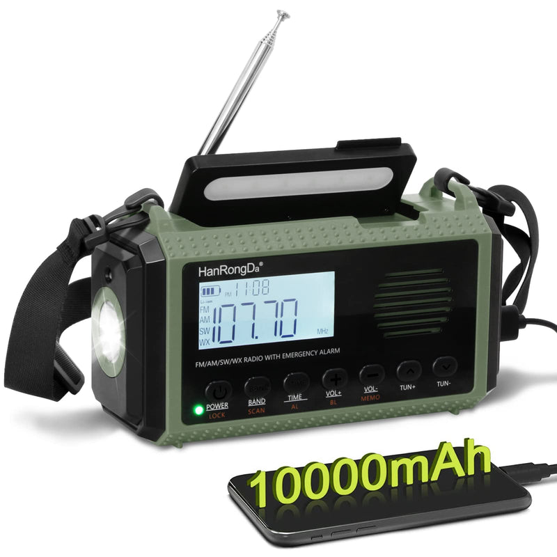 [Australia - AusPower] - 10000mAh NOAA Emergency Crank Weather Radio, Hand Crank, Battery Operated, USB Charger, SOS Alarm, AM/FM/Shortwave, LED Flashlight and Reading Lamp for Home and Outdoor Emergency Army green 